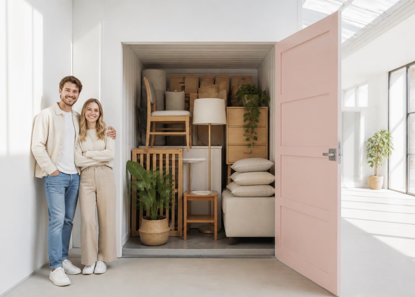 4 m² förråd med soffa, matgrupp, arkivkartonger och cirka 40 kartonger – kvinna bredvid för storleksjämförelse